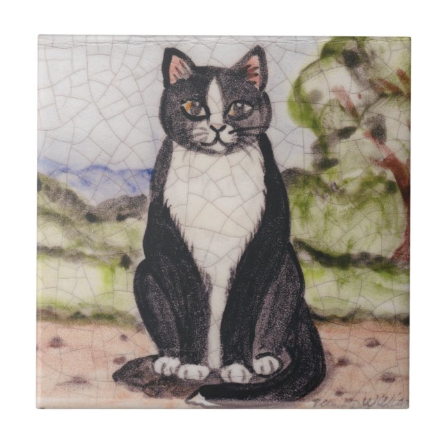 Tuxedo Cat Black & White Landscape Antique Vintage Tile (Front)