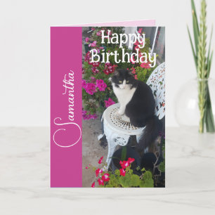 Tuxedo Cat Cats and Flowers Girls Name Birthday Card