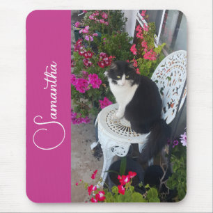 Tuxedo Cat Cats and Flowers Girls Name Dark Pink Mouse Pad
