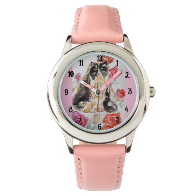 Tuxedo Cat Cats Art Animal Childs Girls Cute Pink Watch (Front)