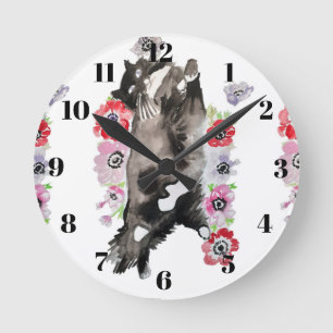 Tuxedo Cat Cats Art Animal Childs Pink Round Clock