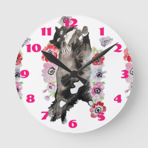 Tuxedo Cat Cats Art Animal Childs Pink Round Clock