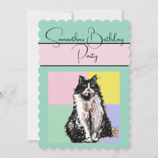 Tuxedo Cat Cats Green Birthday Party Invitation
