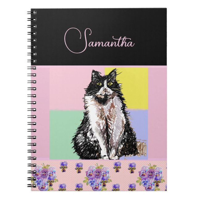 Tuxedo Cat Cats Pastel Pink Girls Customizable Notebook (Front)
