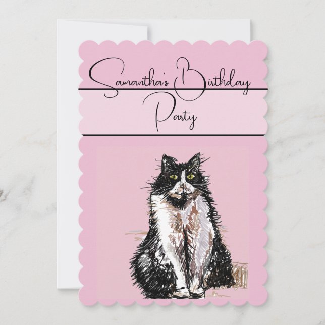 Tuxedo Cat Cats Pink Birthday Party Invitation (Front)
