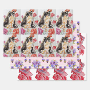 Tuxedo Cat Cats Pink flower Watercolor Painting Wrapping Paper Sheet