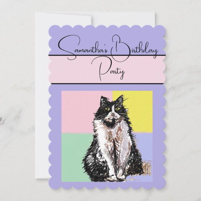 Tuxedo Cat Cats Purple Birthday Party Invitation (Front)