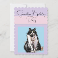 Tuxedo Cat Cats Purple Birthday Party Invitation