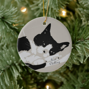 Tuxedo Cat Chilling Ceramic Tree Decoration