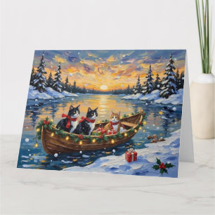 Tuxedo Cat Christmas Boat Holiday Card