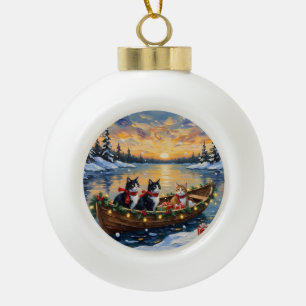 Tuxedo Cat Christmas Boat Holiday Ceramic Ball Christmas Ornament