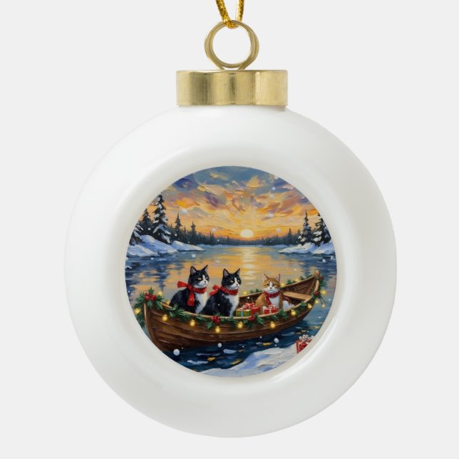 Tuxedo Cat Christmas Boat Holiday Ceramic Ball Christmas Ornament (Front)