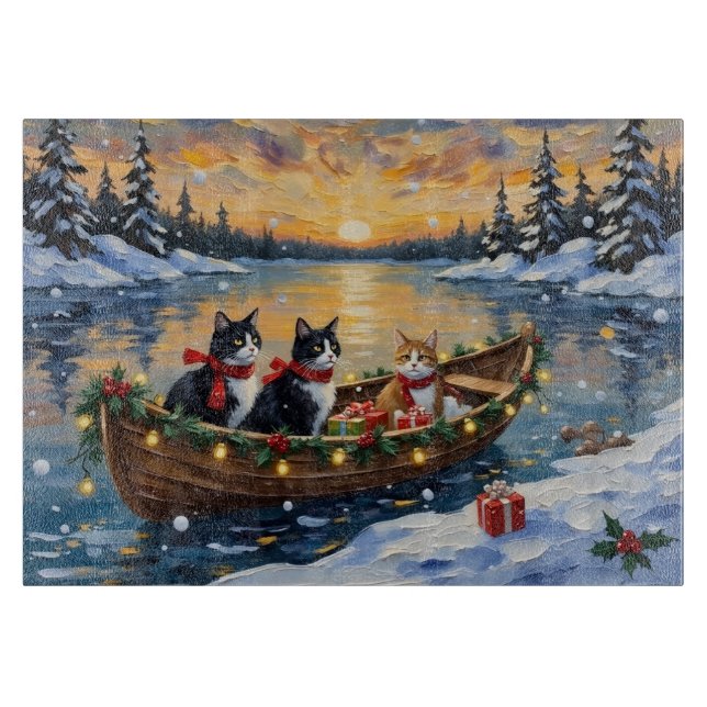Tuxedo Cat Christmas Boat Holiday Cutting Board (Front)