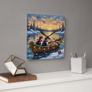 Tuxedo Cat Christmas Boat Holiday Square Wall Clock