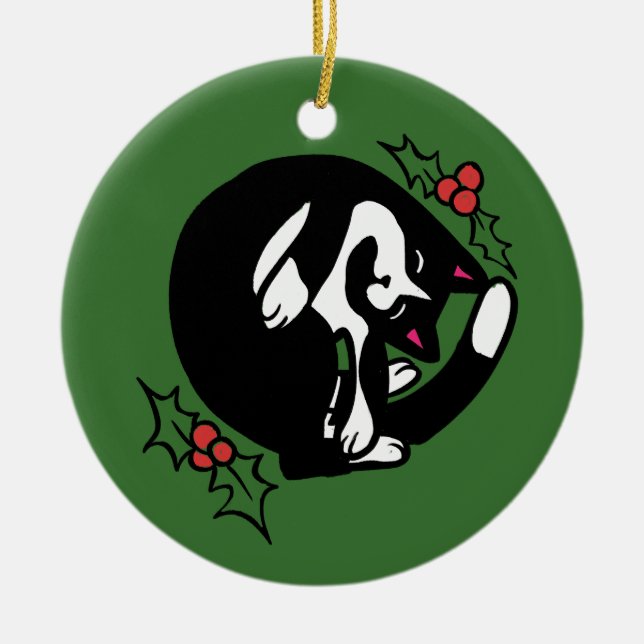Tuxedo Cat Christmas Ceramic Tree Decoration (Front)