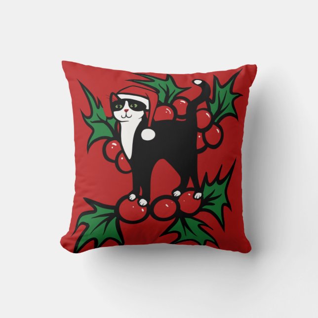 Tuxedo Cat Christmas Cushion (Front)