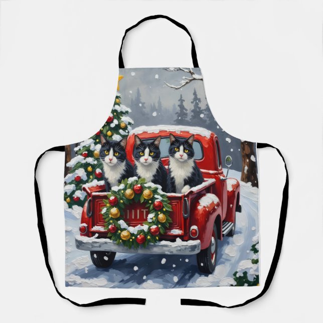 Tuxedo Cat Christmas Red Truck Holiday Apron (Front)