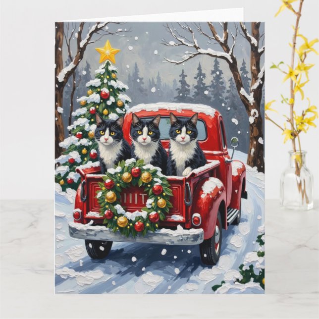Tuxedo Cat Christmas Red Truck Holiday Card (Yellow Flower)