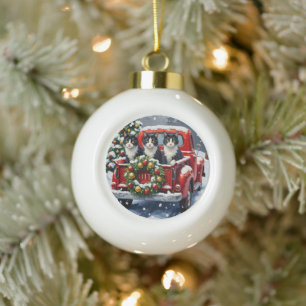 Tuxedo Cat Christmas Red Truck Holiday Ceramic Ball Christmas Ornament