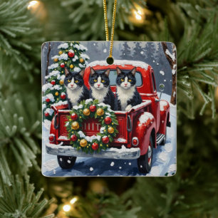 Tuxedo Cat Christmas Red Truck Holiday Ceramic Ornament