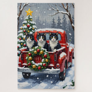 Tuxedo Cat Christmas Red Truck Holiday Jigsaw Puzzle