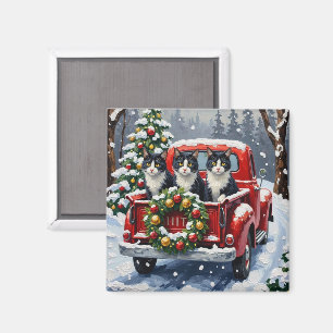 Tuxedo Cat Christmas Red Truck Holiday Magnet