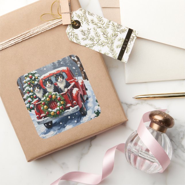 Tuxedo Cat Christmas Red Truck Holiday Square Sticker (Gifting)