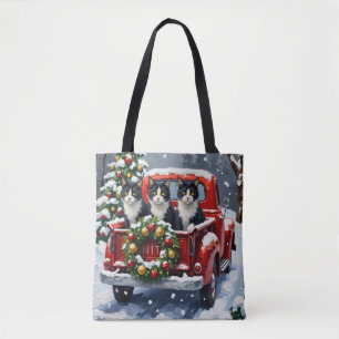 Tuxedo Cat Christmas Red Truck Holiday Tote Bag
