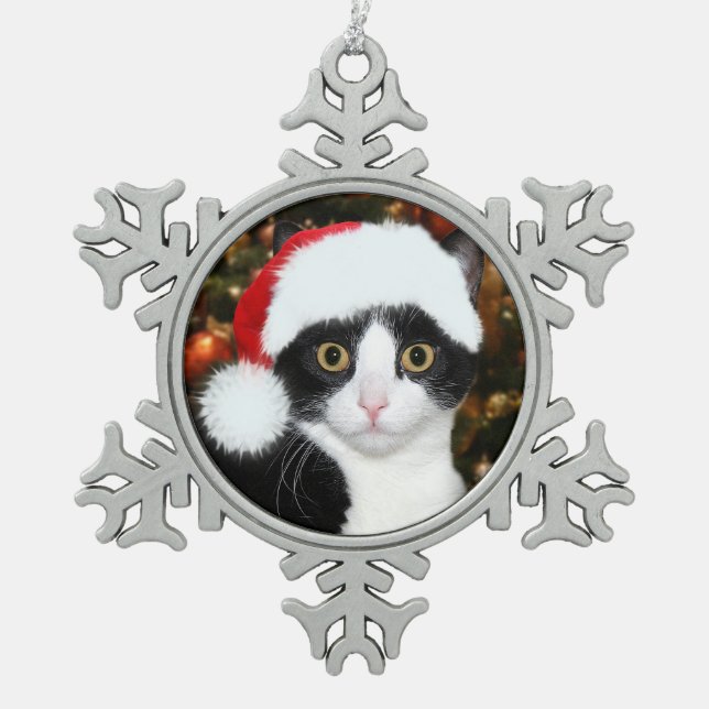 Tuxedo cat Christmas Snowflake Pewter Christmas Ornament (Front)