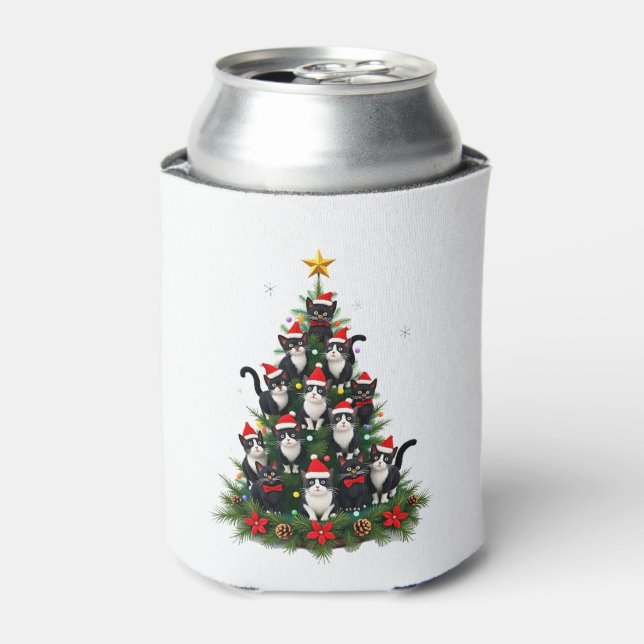 Tuxedo Cat Christmas Tree Tuxedo Cat Lights Xmas M Can Cooler (Can Front)