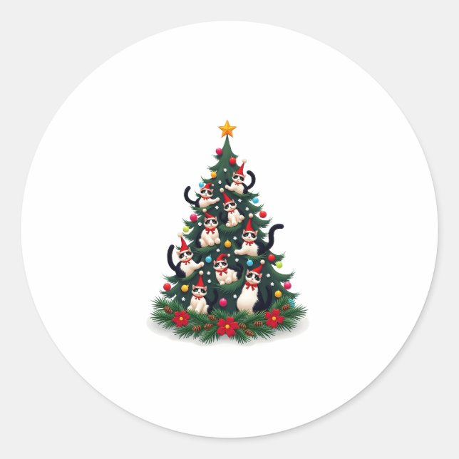 Tuxedo Cat Christmas Tree Tuxedo Cat Lights Xmas M Classic Round Sticker (Front)