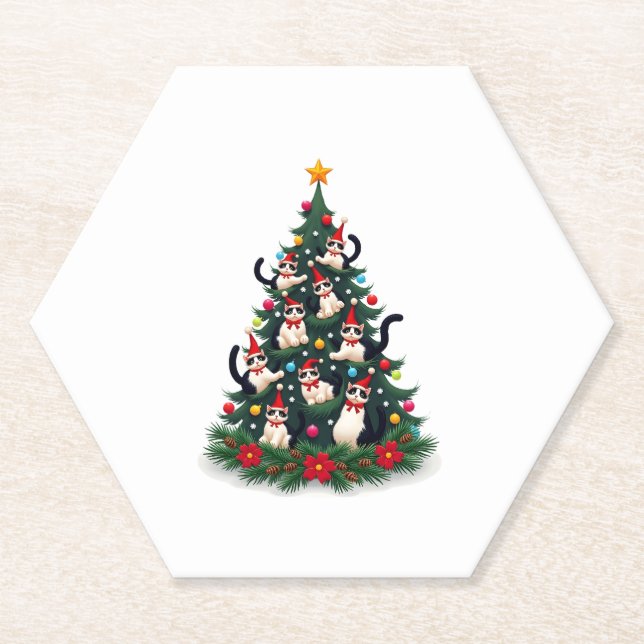Tuxedo Cat Christmas Tree Tuxedo Cat Lights Xmas M Paper Coaster (Front)