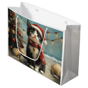Tuxedo Cat Christmas Vintage Beach Large Gift Bag