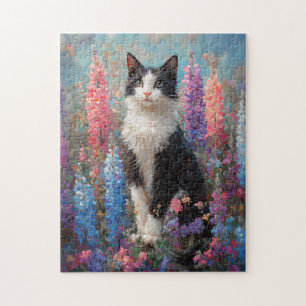 Tuxedo Cat Colourful Lupine Flowers Painting Jigsaw Puzzle