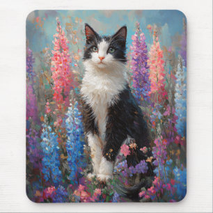 Tuxedo Cat Colourful Lupine Flowers Painting Mouse Pad