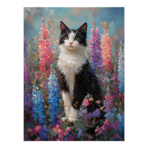 Tuxedo Cat Colourful Lupine Flowers Painting Poster