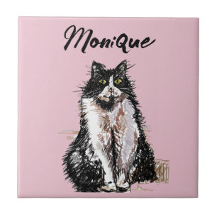 Tuxedo Cat Cute Cats Black White Pastel Pink Tile