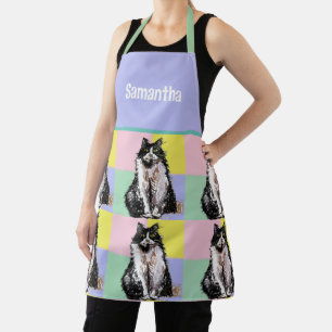 Tuxedo Cat Cute Cats Black White Pastel Rainbow Apron