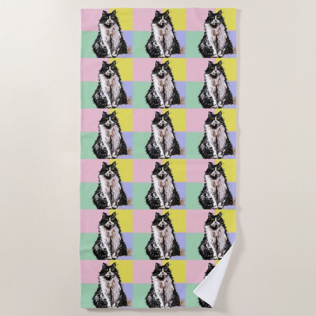 Tuxedo Cat Cute Cats Black White Pastel Rainbow Beach Towel (Front)