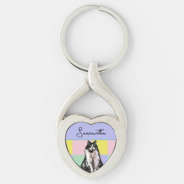 Tuxedo Cat Cute Cats Black White Pastel Rainbow Key Ring (Front)