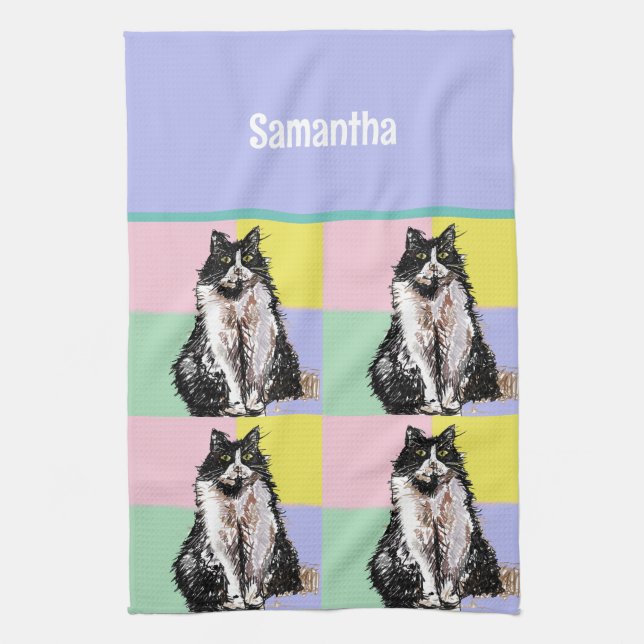 Tuxedo Cat Cute Cats Black White Pastel Rainbow Tea Towel (Vertical)