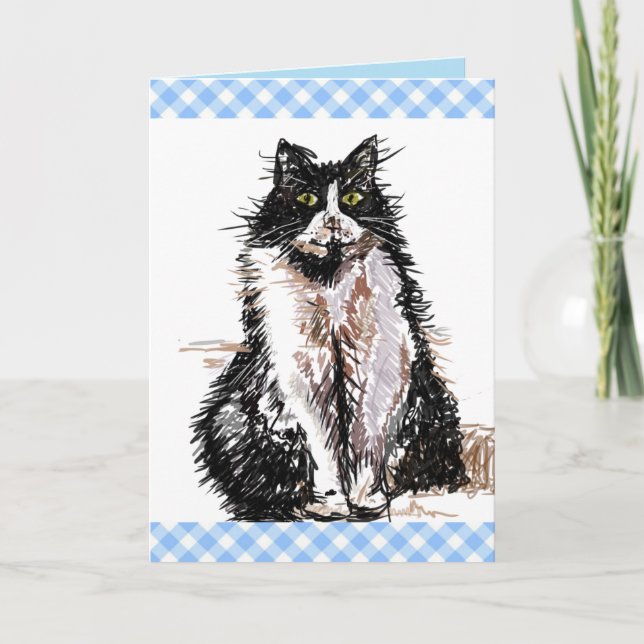 Tuxedo Cat Cute Drawing Black and White Cats  Card (Front)