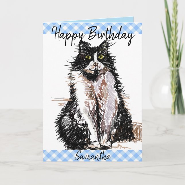 Tuxedo Cat Cute Drawing Black and White Cats  Card (Front)