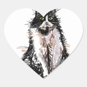 Tuxedo Cat Cute Drawing Black and White Cats Heart Sticker