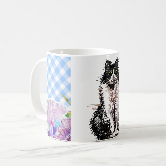 Tuxedo Cat Cute Drawing Black White Cats Coffee Coffee Mug (Front Left)