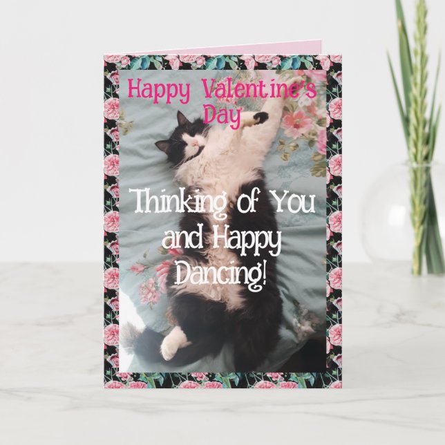 Tuxedo Cat Cute Funny Valentines Day Happy Dance Card (Front)