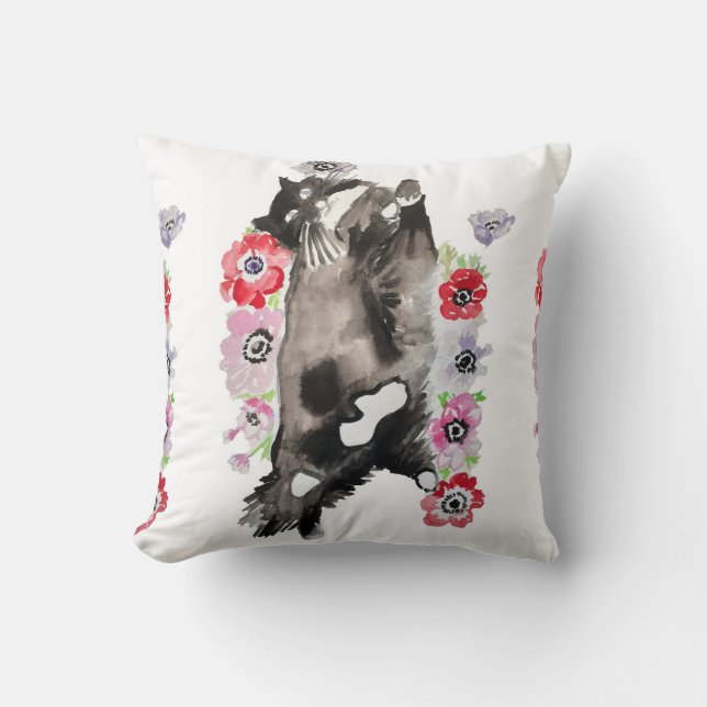 Tuxedo Cat Cute Pretty Flowers Cats Watercolor Cushion (Front)