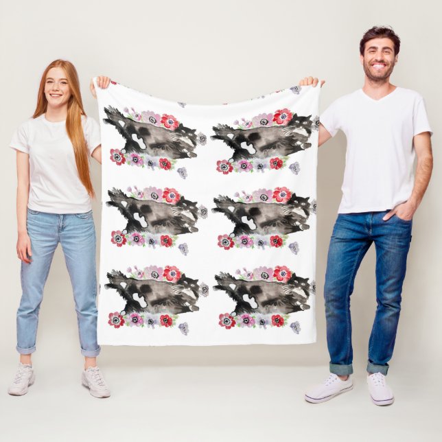 Tuxedo Cat Cute Pretty Flowers Cats Watercolor Fleece Blanket (In Situ)