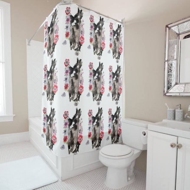 Tuxedo Cat Cute Pretty Flowers Cats Watercolor Shower Curtain (In Situ)