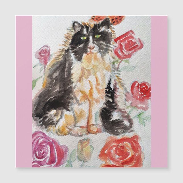 Tuxedo Cat Cute Roses Flowers Cats Watercolor Rose (Front)